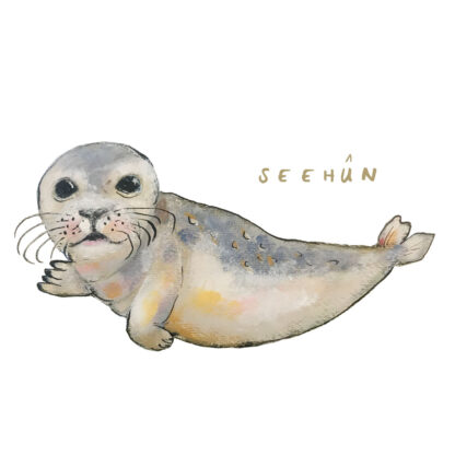 Illustratie van zeehondje met het Friese woord seehûn erbij in een speels lettertype.